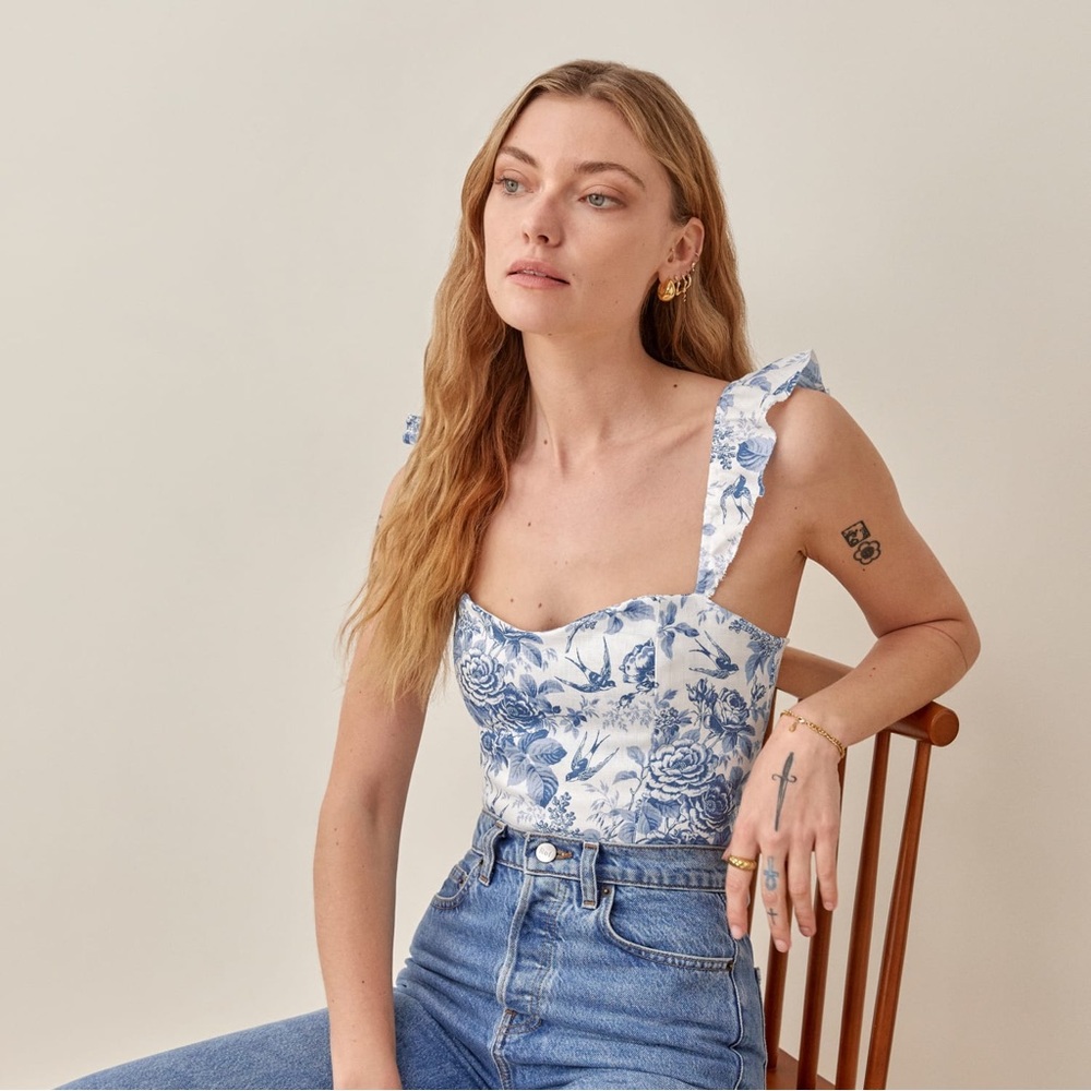 Reformation Blue and White Floral Top